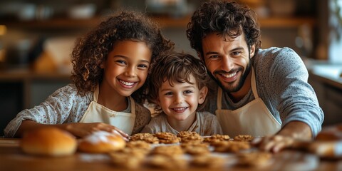 Joyful Family Baking Cookies in a Contemporary Kitchen, generative ai