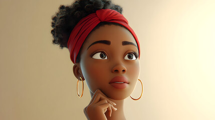 Poster - A thoughtful young woman with curly hair and a red headband, gazing into the distance.