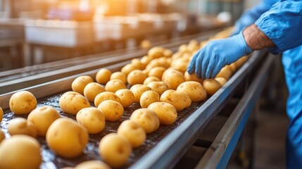 Wall Mural - Factory Quality Control. Man Evaluating Potatoes on Conveyor Belt in Manufacturing Plant