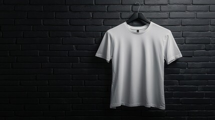 Canvas Print - Blank White T-Shirt Hanging on a Black Brick Wall