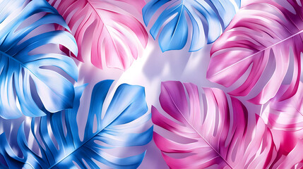 Wall Mural - Colorful tropical leaves in blue and pink hues create a vibrant, artistic background.