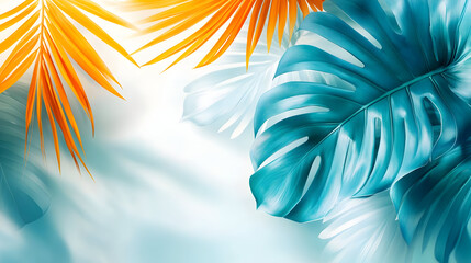 Poster - A vibrant tropical background featuring colorful palm leaves and a soft gradient.