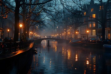 Wall Mural - Enchanting Evening in Amsterdam's Canals: A Misty Reflection of Lights