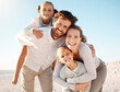© peopleimages.com - Portrait, beach and family with love, hug and happiness with kids, parents and travel for vacation. Face, seaside and mother with father, children and summer holiday with embrace, adventure and smile