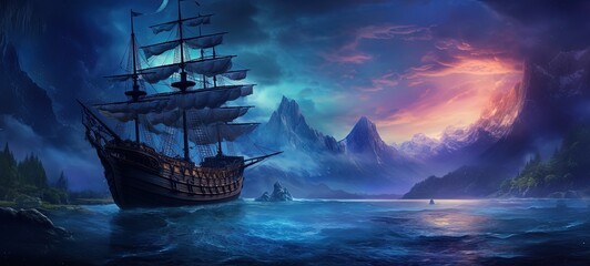  dreamy painting style illustration of a ancient big ship sailing in raging sea under starry galaxy sky and sunset light as background