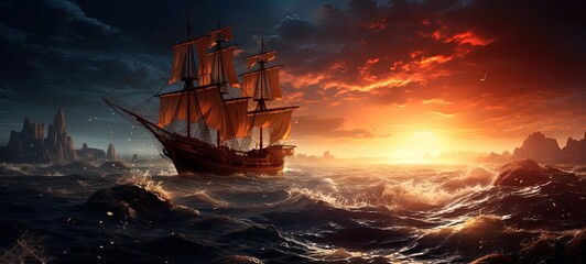  dreamy painting style illustration of a ancient big ship sailing in raging sea under starry galaxy sky and sunset light as background