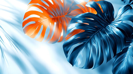 Canvas Print - A vibrant composition of blue and orange tropical leaves against a soft background.