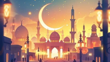 Ramadan and Eid Mubarak illustration. Muslim icons and cityscapes ideal for greeting cards or posters.