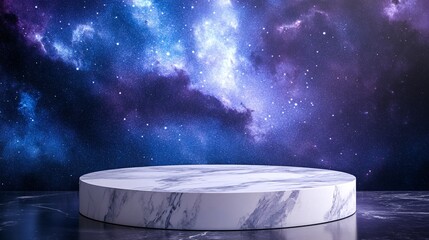 240804 140. Cylindrical stand podium for displaying the product on any background in any environment, starry night sky, timeless elegance concept with marble slab platform, geometric pattern wallpaper