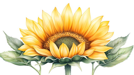 Poster - A vibrant sunflower with bright yellow petals and green leaves, symbolizing nature's beauty.