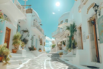 Wall Mural - Charming Sunlit Street in a Greek Island Village