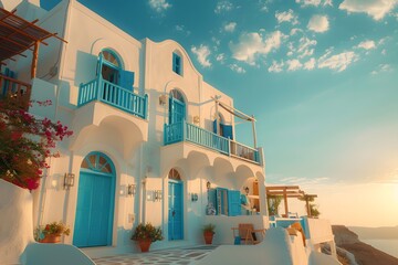 Wall Mural - Stunning Santorini Architecture with Blue Accents and Breathtaking Sunset Views