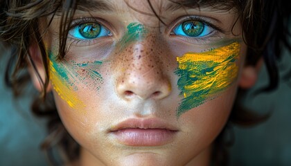 Canvas Print - Kid fan green and yellow flag painted on face 