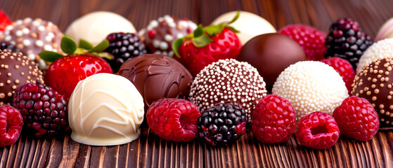 Wall Mural - A table full of assorted desserts including chocolate covered strawberries and raspberries. The desserts are arranged in a visually appealing manner, with some of them placed on top of each other