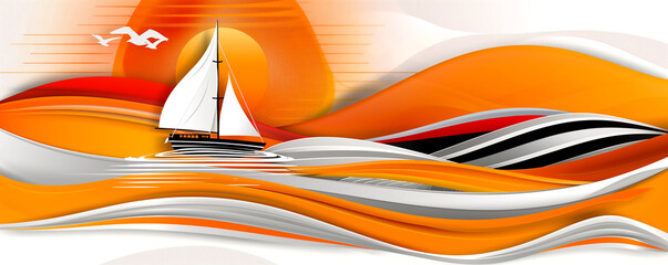 Wall Mural - A sailboat is sailing on a large body of water with a sunset in the background. The image has a serene and peaceful mood, with the boat and the sunset creating a sense of calmness and relaxation