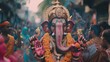 © Jakraphong - Angled View of Ganesha Idol in Festival Procession with Devotees Dancing and Celebrating