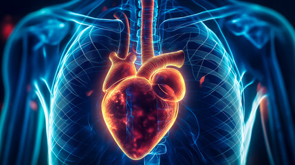 Sticker - An X-ray image shows a red human heart inside a chest. The concept highlights medical diagnostics and the importance of heart health. Generative AI.