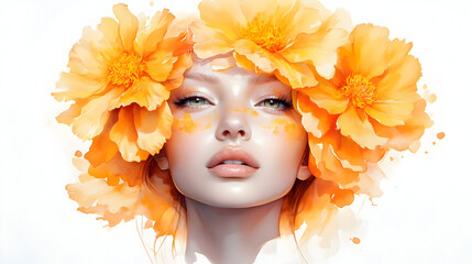 Sticker - A digital portrait of a woman adorned with vibrant orange flowers, showcasing beauty and art.