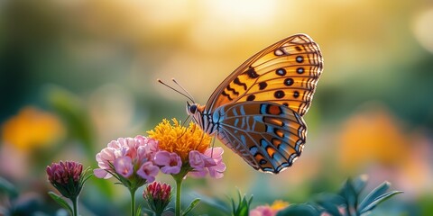 Poster - Vibrant Butterfly Landing on Colorful Flower with Blurred Background, generative ai