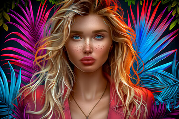 Wall Mural - A woman with long blonde hair is wearing a red jacket and necklace. She is standing in front of a colorful background with palm trees