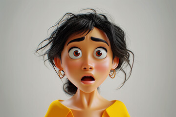 Surprised shocked scared Indian cartoon character young adult woman girl teen female person portrait in 3d style design on white background. Human people feelings expression concept