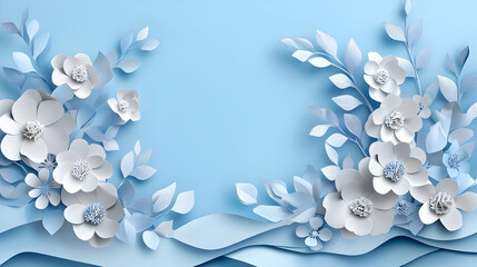 Poster - A serene paper flower arrangement on a blue background, ideal for invitations or decor.