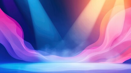 Wall Mural - a surreal stage scene shrouded in mist, where dramatic spotlights pierce through the fog, creating a