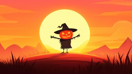 Poster - A vibrant Halloween scene with a pumpkin scarecrow in a sunlit field, showcasing modern cartoonstyle art.