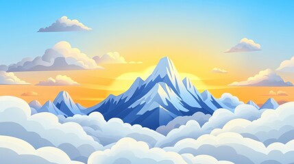 Wall Mural - A stunning mountain range with sharp, snowtipped peaks rises above a dreamy cloud sea, glowing in winters warm sunrise.