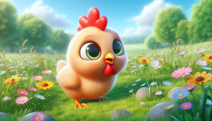 Adorable 3d hen with big eyes on the meadow of a farm