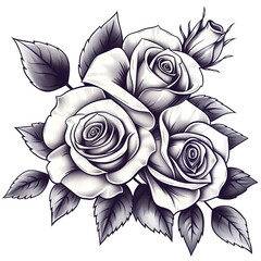 Canvas Print - A black and white drawing of three roses with a leaf in between. The roses are arranged in a way that they are all facing the same direction, giving the drawing a sense of unity and harmony