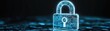 © Chanoknan - A futuristic digital lock symbolizing cybersecurity and data protection, glowing against a dark background.