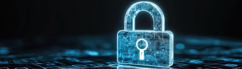 a futuristic digital lock symbolizing cybersecurity and data protection, glowing against a dark back