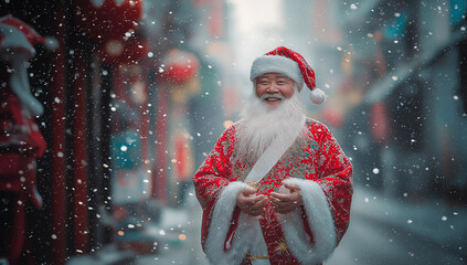 Happy Chinese Santa Claus celebrating outside in the snow during the holiday season