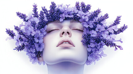 Wall Mural - A serene portrait of a woman adorned with purple flowers, evoking beauty and tranquility.