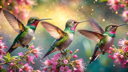 Wall Mural - Ultra hd macro Colorful humming bird are flying near flowers and pecking at water droplets falling from beautiful wild flowers pollen.
