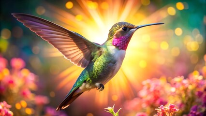 Ultra hd macro Colorful humming bird are flying near flowers and pecking at water droplets falling from beautiful wild flowers pollen.
