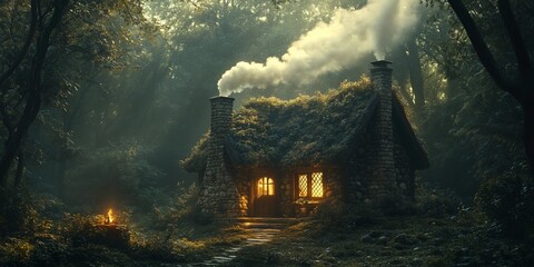 Wall Mural - Charming Cottage Surrounded by Lush Forest in Serene Morning Light, generative ai