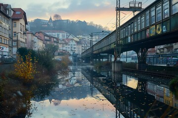 Wall Mural - Serene Urban Landscape at Dawn with Reflections in Water