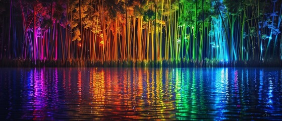 Sticker - Colorful rainbow forest with reflection in the lake, 