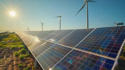 a vibrant scene depicts wind turbines at a solar energy farm, showcasing the integration of multiple