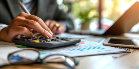 Business finance scene featuring a calculator and financial documents on a desk. It highlights accounting tasks with graphs and tools for financial planning.