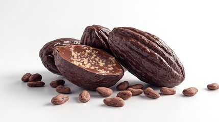 Dry sliced cocoa pods with beans isolated on white background