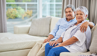 Poster - Hug, love and portrait with senior couple on sofa of home living room together for bonding. Marriage, relax or security with elderly man and woman in apartment for relationship, retirement or romance