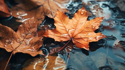 Maple autumn leaf on wet asphalt after rain. Neural network ai generated art