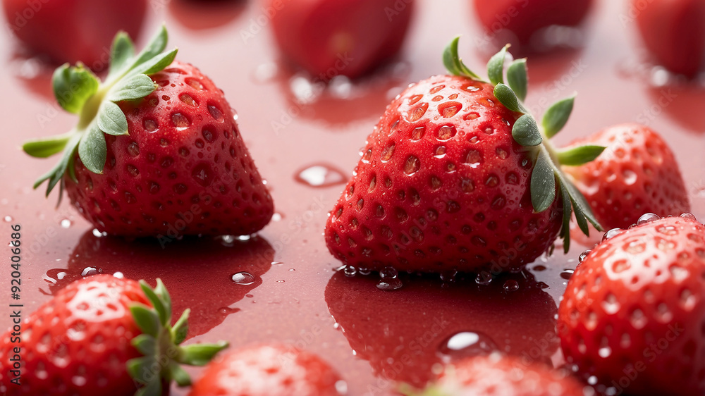 macro shot focusing on a red strawberry with water droplets on its ...