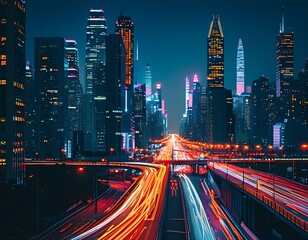 a dynamic cityscape at night, with illuminated high-rises and bustling streets filled with traffic lights creating long exposure trails of light, capturing the energy and vibrancy of modern life