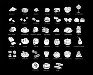 big set of french sweets. hand drawn colorful illustration of popular traditional desserts for cafe,