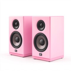 240805 171. Pink speakers, white background, 3D Rendering, isometric, stereo sound system, modern audio equipment, crisp treble with deep bass