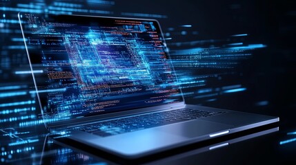 Blue hue coding interface digital tech a close-up view of a laptop screen displaying intricate lines of code in a blue hue, representing digital innovation and technology advancements.